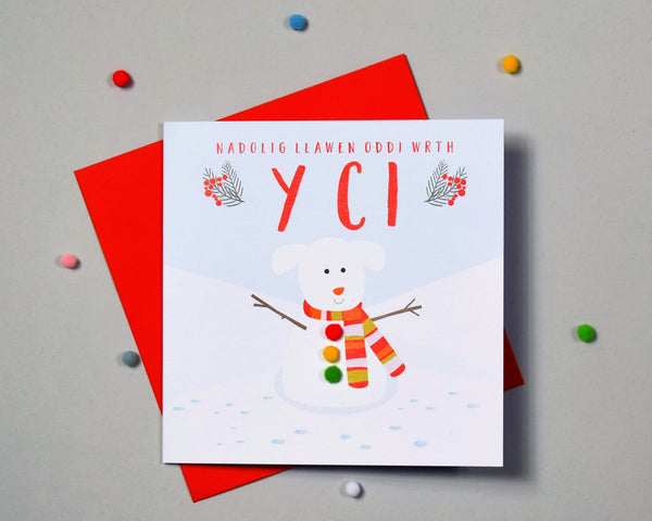 Welsh Christmas Card, Nadolig Llawen, Ci, From the Dog, Pompom Embellished