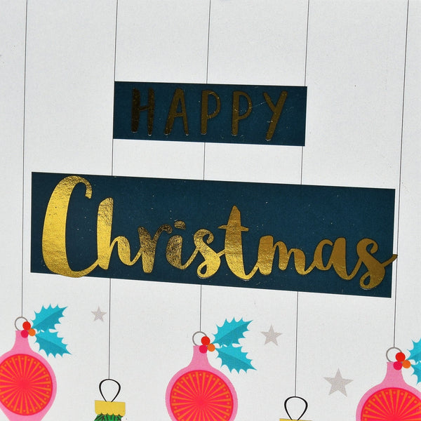 Christmas Card, Trees and Baubles, text foiled in shiny gold