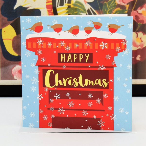 Christmas Card, Robins on a Postbox, text foiled in shiny gold