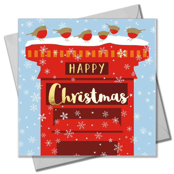 Christmas Card, Robins on a Postbox, text foiled in shiny gold