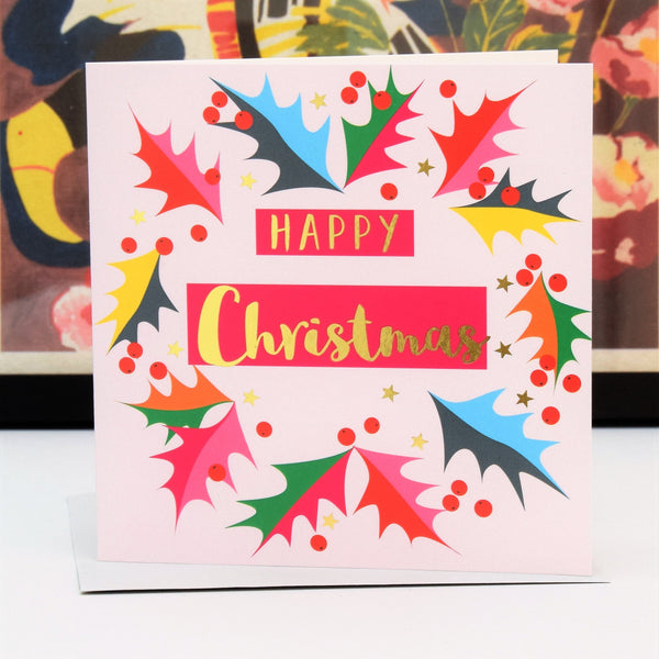 Christmas Card, Bright Holly, text foiled in shiny gold