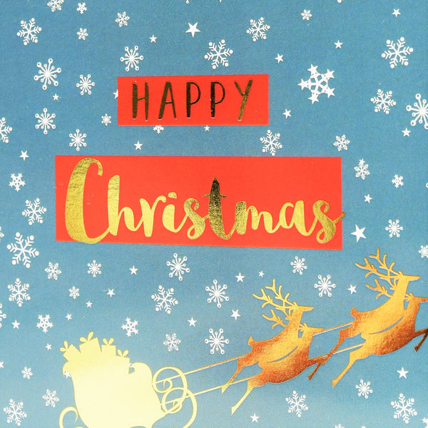 Christmas Card, Sleigh and Snowflakes, text foiled in shiny gold