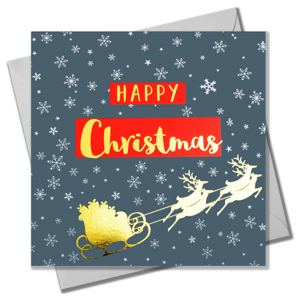 Christmas Card, Sleigh and Snowflakes, text foiled in shiny gold