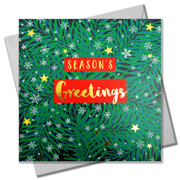 Christmas Card, Seasons Greetings Wreath, text foiled in shiny gold