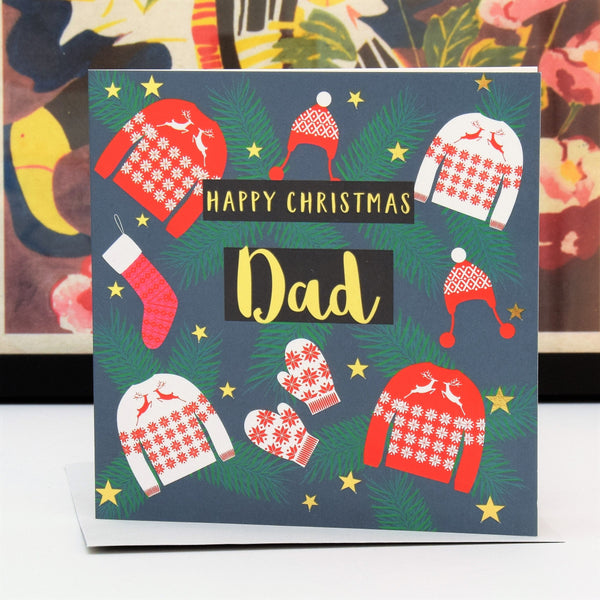 Christmas Card, Dad Jumpers & Mittens, text foiled in shiny gold