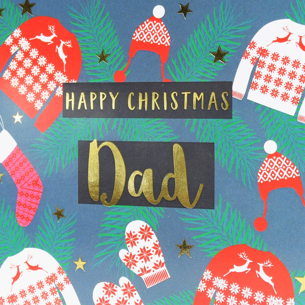 Christmas Card, Dad Jumpers & Mittens, text foiled in shiny gold