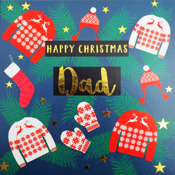 Christmas Card, Dad Jumpers & Mittens, text foiled in shiny gold