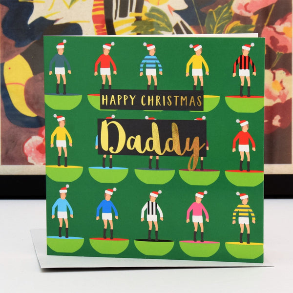 Christmas Card, Daddy Subuteo and Santa hats, text foiled in shiny gold