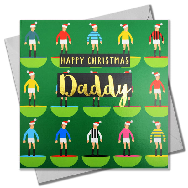 Christmas Card, Daddy Subuteo and Santa hats, text foiled in shiny gold