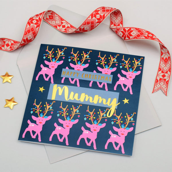 Christmas Card, Mummy Reindeers and Lights, text foiled in shiny gold