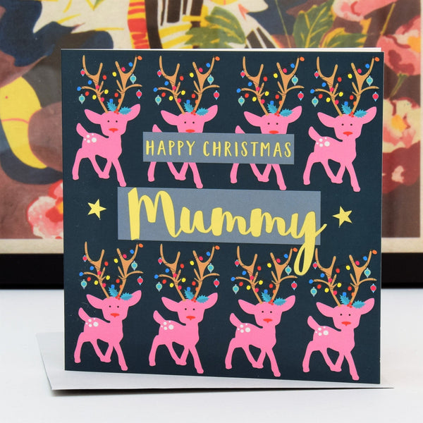 Christmas Card, Mummy Reindeers and Lights, text foiled in shiny gold