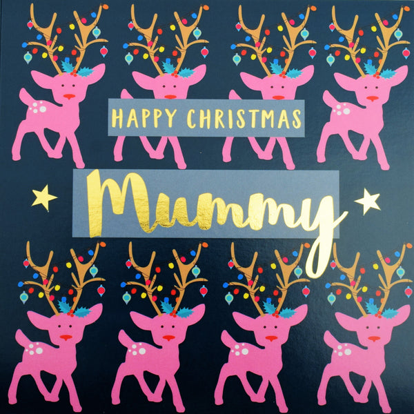 Christmas Card, Mummy Reindeers and Lights, text foiled in shiny gold