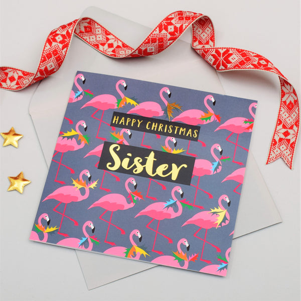 Christmas Card, Sister Flamingoes and Holly, text foiled in shiny gold