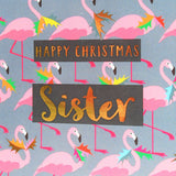 Christmas Card, Sister Flamingoes and Holly, text foiled in shiny gold