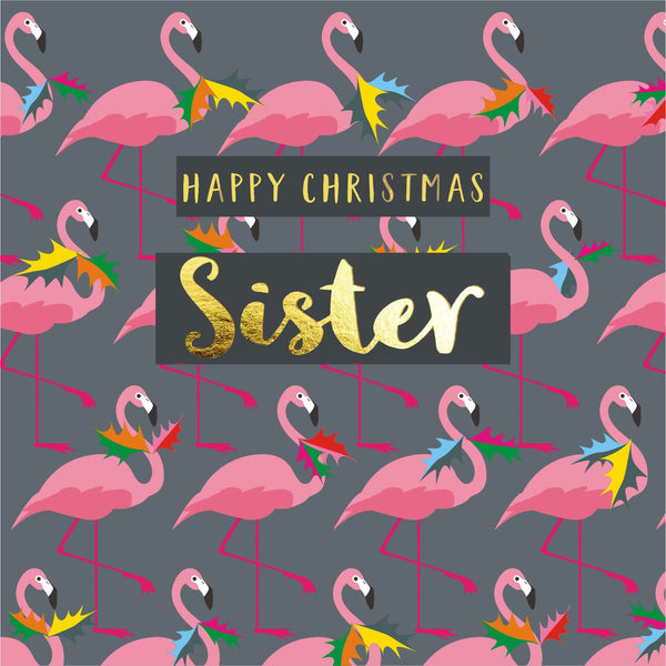Christmas Card, Sister Flamingoes and Holly, text foiled in shiny gold