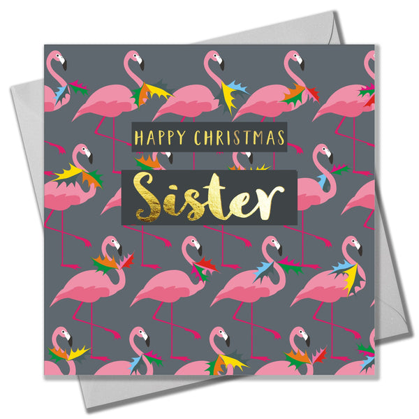 Christmas Card, Sister Flamingoes and Holly, text foiled in shiny gold