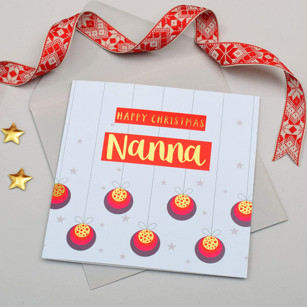 Christmas Card, Nanna Baubles and Stars, text foiled in shiny gold