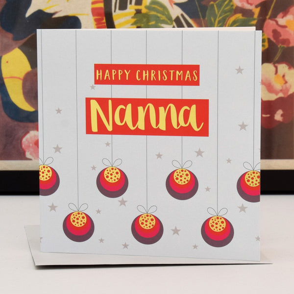 Christmas Card, Nanna Baubles and Stars, text foiled in shiny gold