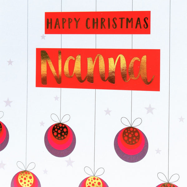 Christmas Card, Nanna Baubles and Stars, text foiled in shiny gold