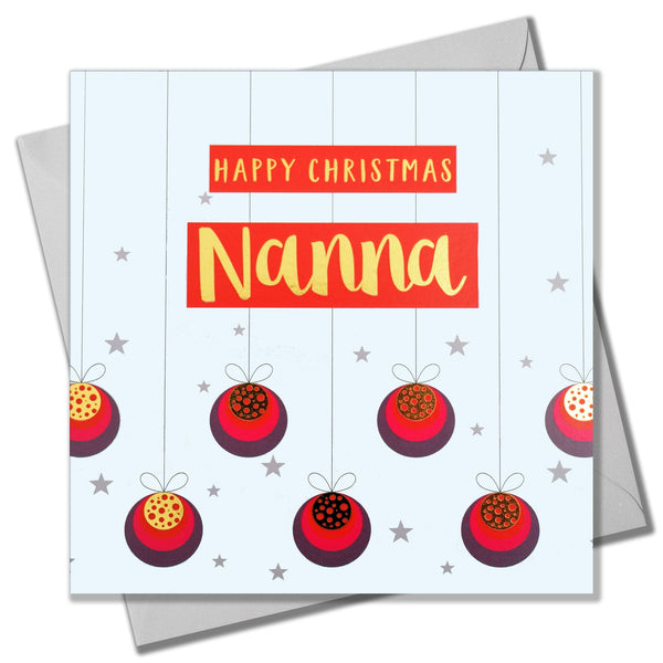 Christmas Card, Nanna Baubles and Stars, text foiled in shiny gold