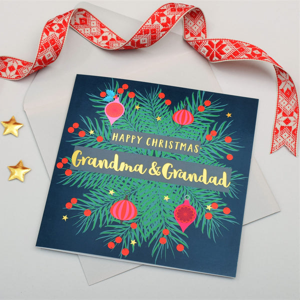 Christmas Card, Grandma & Grandad Wreath, text foiled in shiny gold