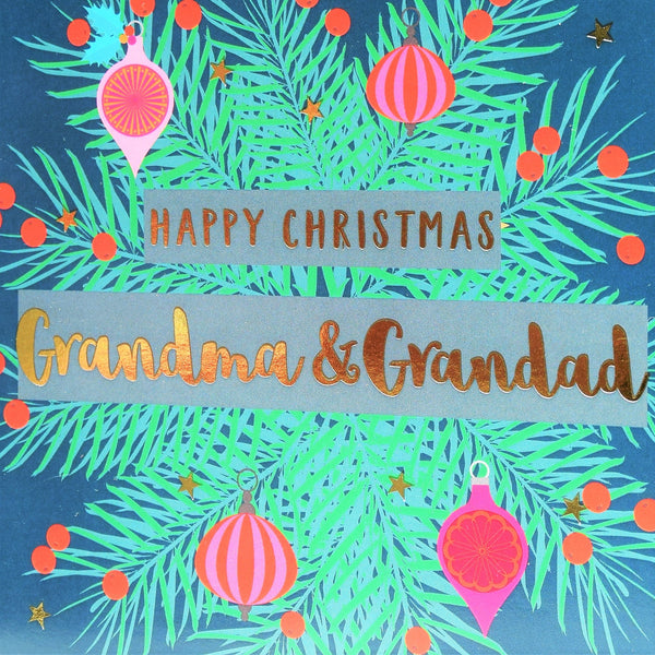 Christmas Card, Grandma & Grandad Wreath, text foiled in shiny gold