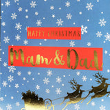 Christmas Card, Mam & Dad Sleigh & Snowflakes, text foiled in shiny gold