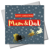 Christmas Card, Mam & Dad Sleigh & Snowflakes, text foiled in shiny gold