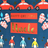 Christmas Card, Uncle Subuteo & Cars, text foiled in shiny gold