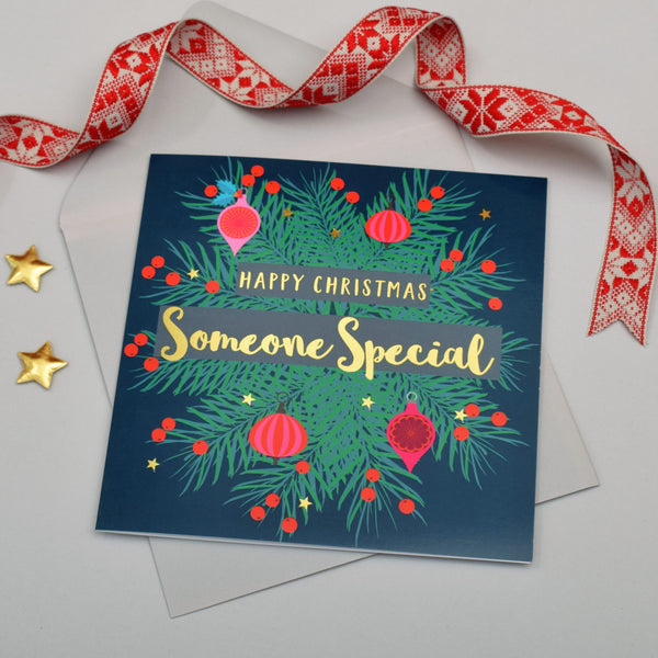 Christmas Card, Someone Special, Fir Wreath, text foiled in shiny gold