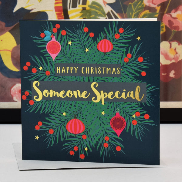 Christmas Card, Someone Special, Fir Wreath, text foiled in shiny gold