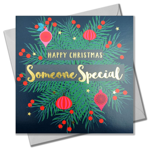 Christmas Card, Someone Special, Fir Wreath, text foiled in shiny gold