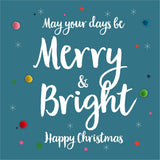 Christmas Card, Blue, Merry & Bright, Embellished with colourful pompoms