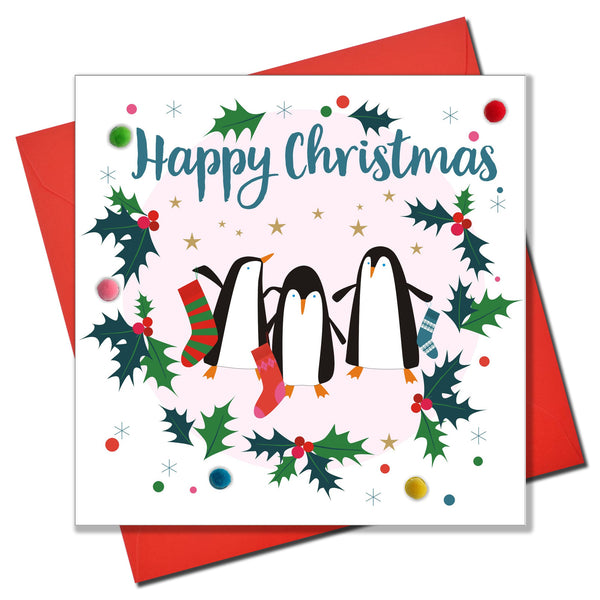 Christmas Card, Penguins, Happy Christmas, Embellished with colourful pompoms