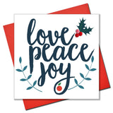 Christmas Card, Holly, Love, Peace, Joy, Embellished with colourful pompoms