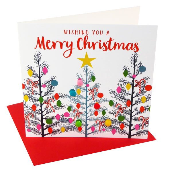 Christmas Card, Christmas Trees, Embellished with colourful pompoms