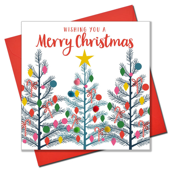 Christmas Card, Christmas Trees, Embellished with colourful pompoms