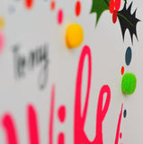 Christmas Card, Pink Heart, To my Wife, Embellished with colourful pompoms