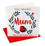 Christmas Card, Robin, Merry Christmas Mum, Embellished with colourful pompoms