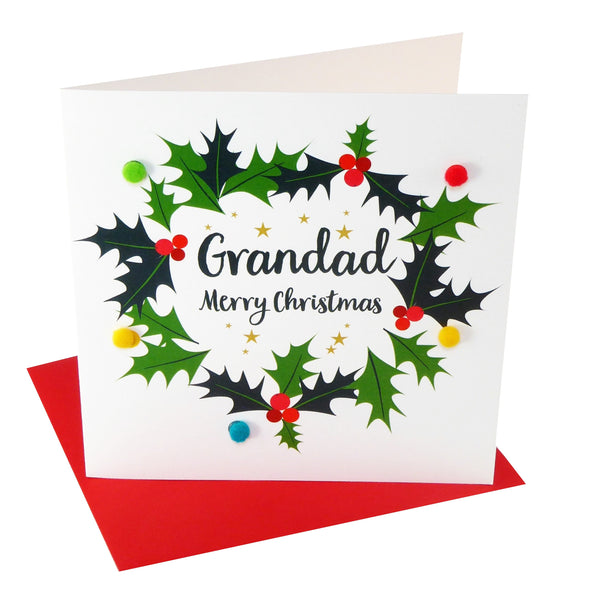 Christmas Card, Holly Wreath, Grandad, Embellished with colourful pompoms