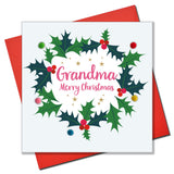 Christmas Card, Holly Wreath, Grandma, Embellished with colourful pompoms