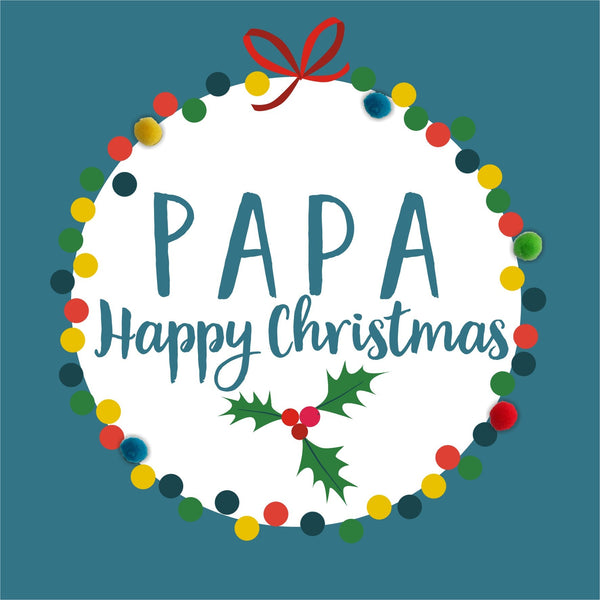 Christmas Card, Bauble, Papa Happy Christmas, Embellished with colourful pompoms