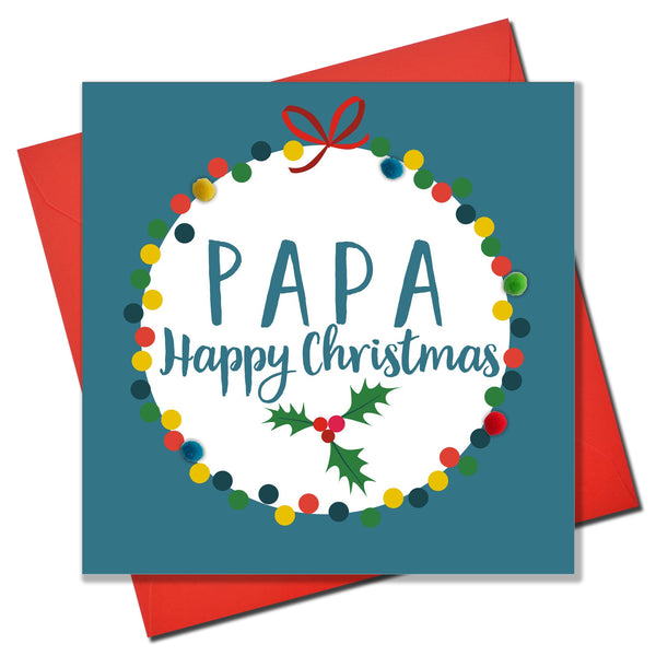 Christmas Card, Bauble, Papa Happy Christmas, Embellished with colourful pompoms