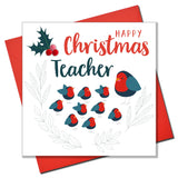 Christmas Card, Robin classroom, Teacher, Embellished with colourful pompoms