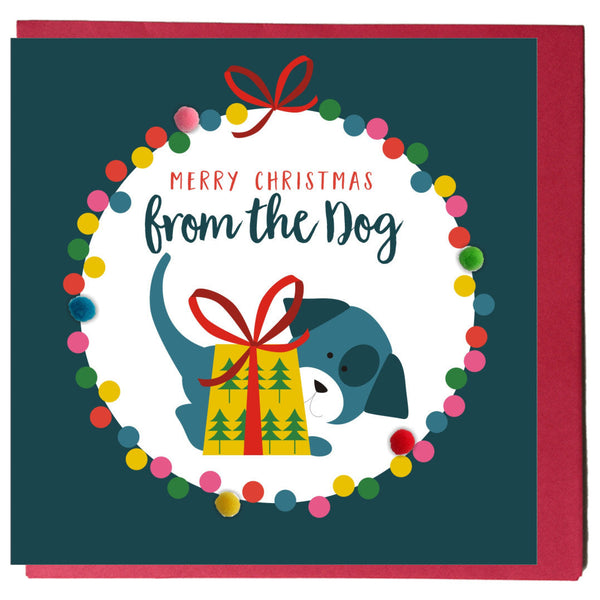 Christmas Card, Bauble, From the Dog, Embellished with colourful pompoms