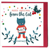 Christmas Card, Laurel, From the Cat, Embellished with colourful pompoms