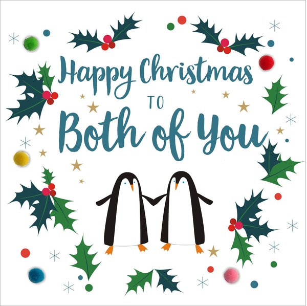 Christmas Card, two penguins, Both of You, Embellished with colourful pompoms