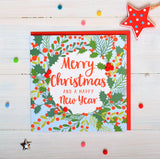 Christmas Card, Holly and berry wreath, Pompom Embellished