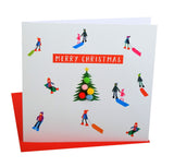 Christmas Card, Sledgers around a tree , Merry Christmas, Pompom Embellished