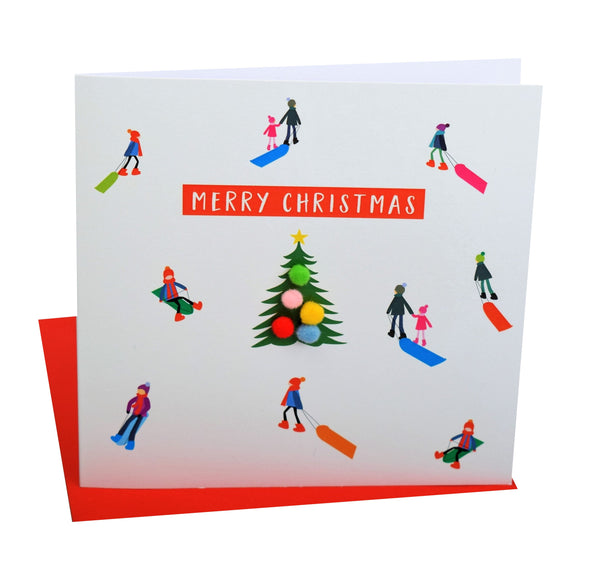 Christmas Card, Sledgers around a tree , Merry Christmas, Pompom Embellished